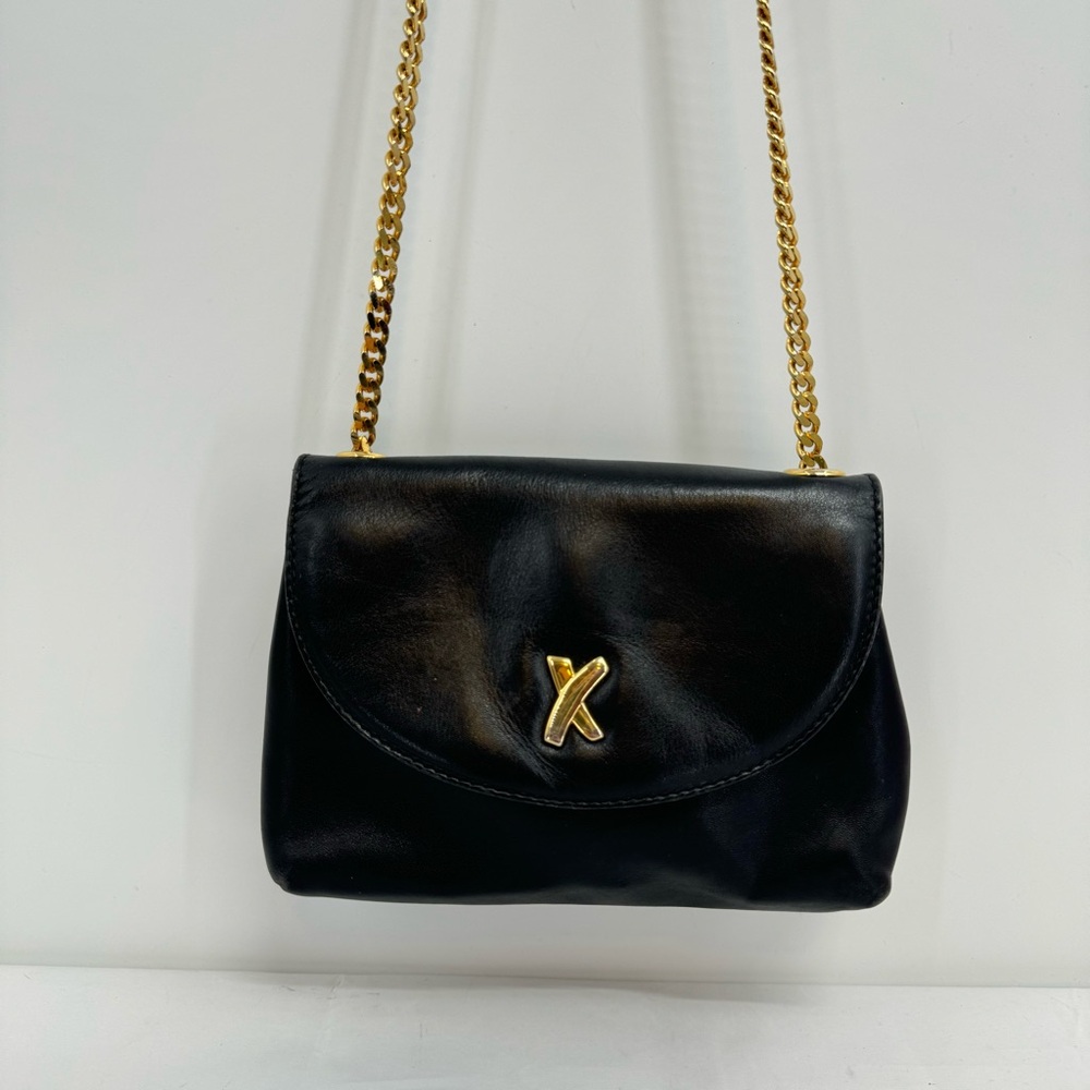 Vintage PALOMA PICASSO BLACK LEATHER CROSS-BODY BAG, ADJUSTABLE GOLD CHAIN